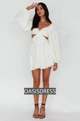 Miraya Balloon Sleeve Twist Mini Dress White