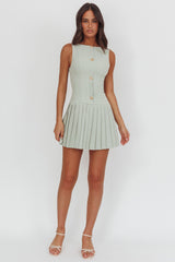 Opulent Pleat Skirt Button Mini Dress Sage
