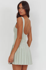 Opulent Pleat Skirt Button Mini Dress Sage