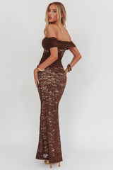 Flutters Off-Shoulder Lace Maxi Dress Chocolate