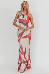 Outlier Cowl Halterneck Maxi Dress Print Beige