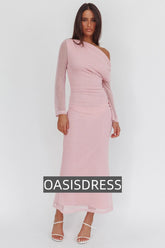 Alivya Asymmetric Neckline Knit Maxi Dress Pink