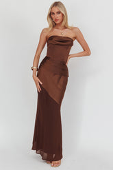 Moon Aura Pleat Detail Strapless Maxi Dress Chocolate