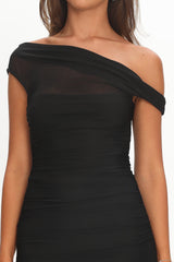 Lylah Asymmetric Neckline Mesh Maxi Dress Black