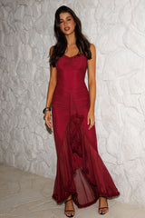 Noelia Gathered Waist Frill Trim Maxi Dress Wine