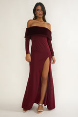 Noella Off-Shoulder Fur Trim Maxi Dress Wine