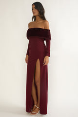 Noella Off-Shoulder Fur Trim Maxi Dress Wine