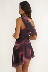 Anaisa One-Shoulder Draped Mini Dress Print Wine