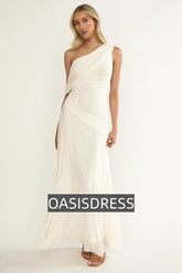 Anaisa Asymmetric Neckline Draped Maxi Dress Oyster