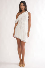 Anaisa One-Shoulder Draped Mini Dress Embellished Off White