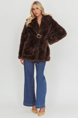 Brisa Belted Lapel Coat Faux Fur Brown