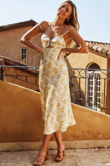 Melancholy Resin Buckle Midi Dress Floral Stencil Print White/Yellow