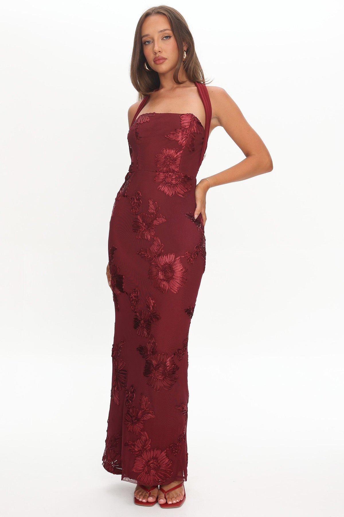 Serenya Halterneck Embellished Maxi Dress Wine