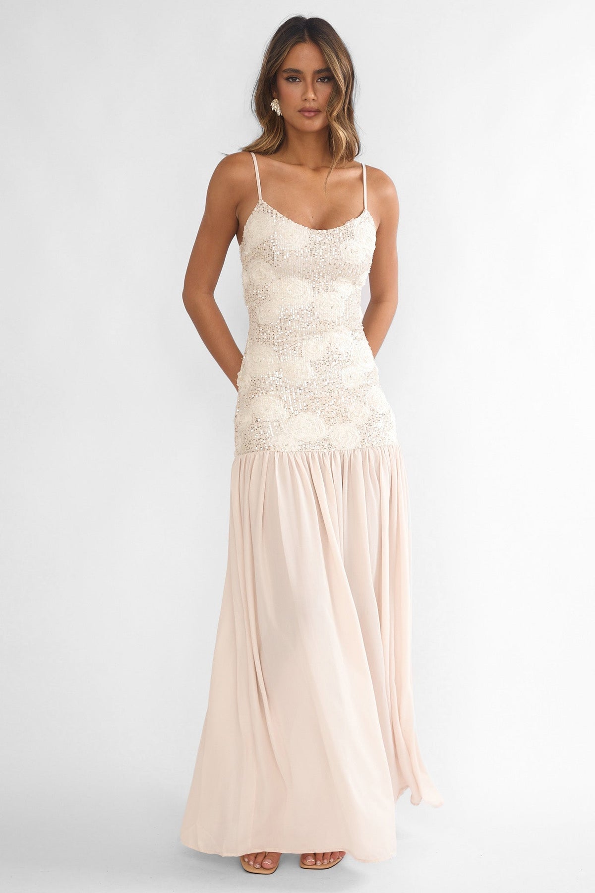 Opheliane Drop Waist Sequin Maxi Dress Champagne