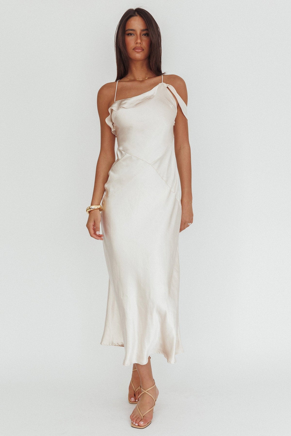 Lexington Draped Shoulder Criss-Cross Back Maxi Dress Oyster