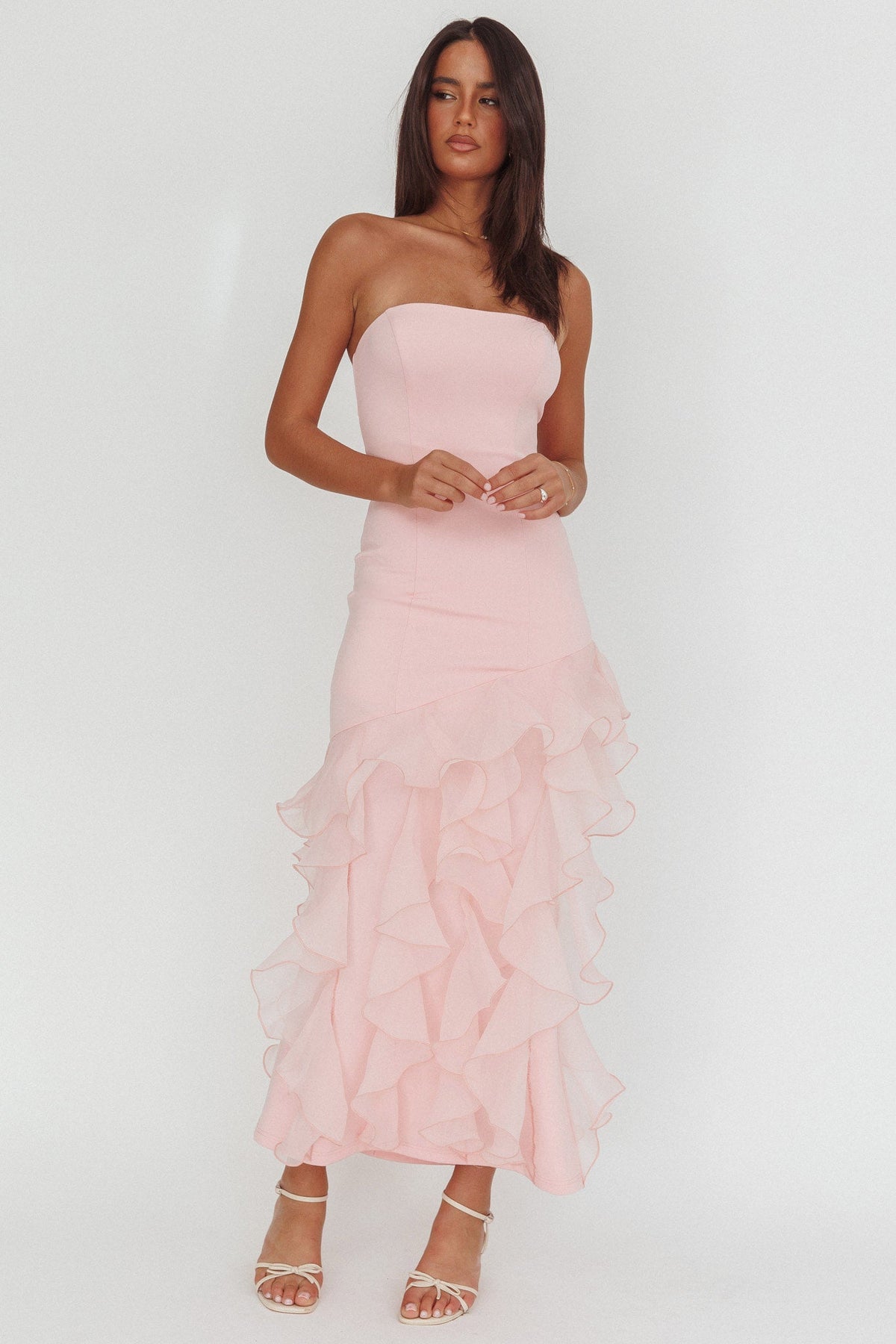 Kioto Strapless Organza Trim Maxi Dress Blush
