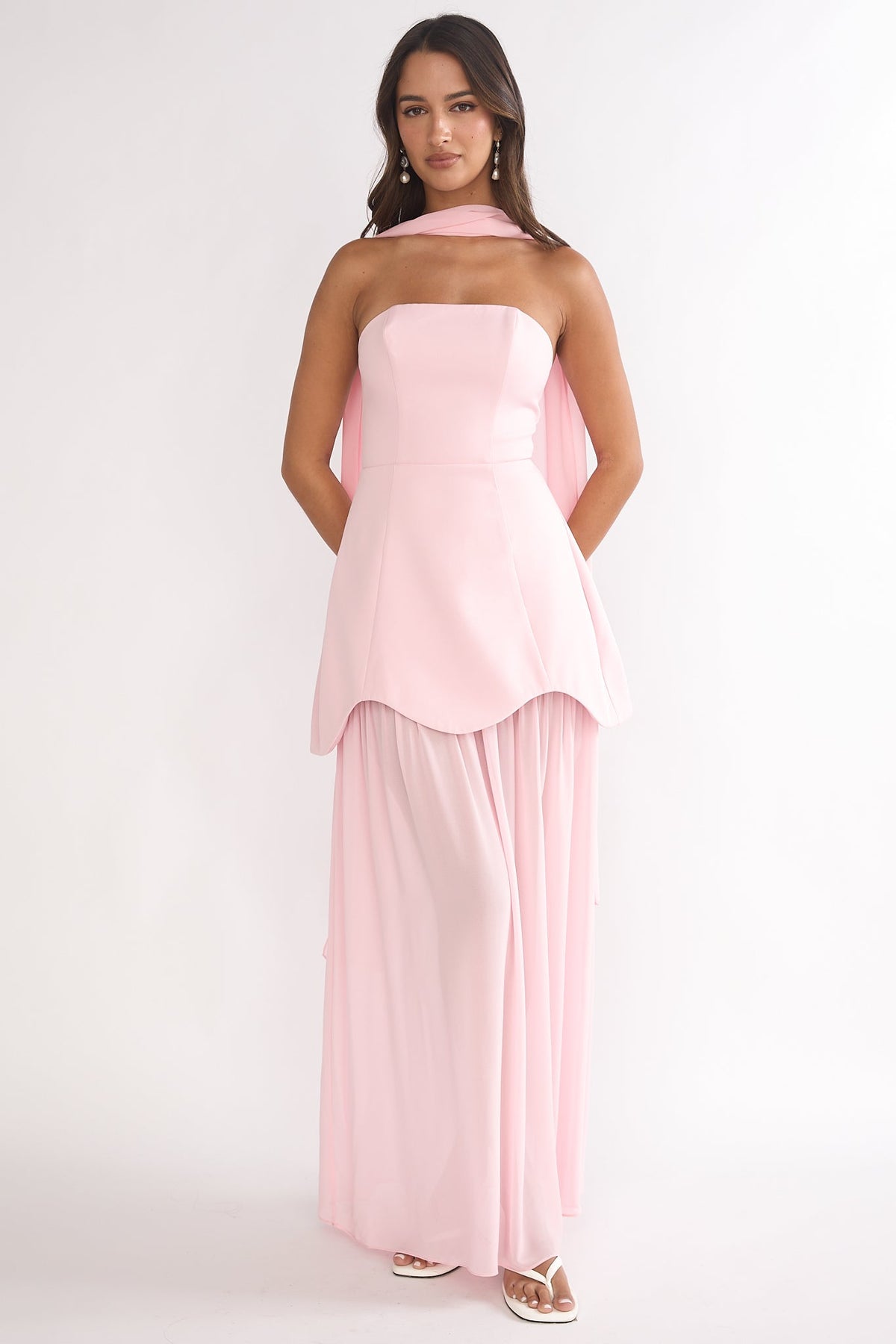 Poema Scalloped Sheer Hem Maxi Dress Pink