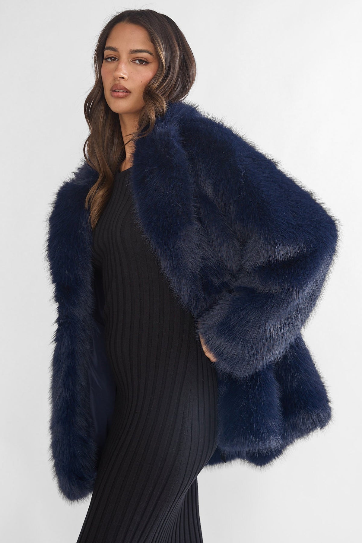 Rilani Faux Fur Pocket Coat Navy