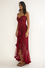 Noelia Gathered Waist Frill Trim Maxi Dress Wine