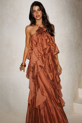 Secret Rendezvous Layered Ruffle Maxi Dress Rust