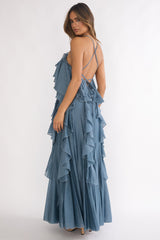 Oceara Ruffle Trim Spaghetti Strap Maxi Dress Slate Blue