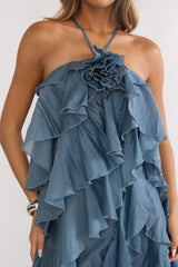 Oceara Ruffle Trim Spaghetti Strap Maxi Dress Slate Blue