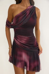 Anaisa One-Shoulder Draped Mini Dress Print Wine