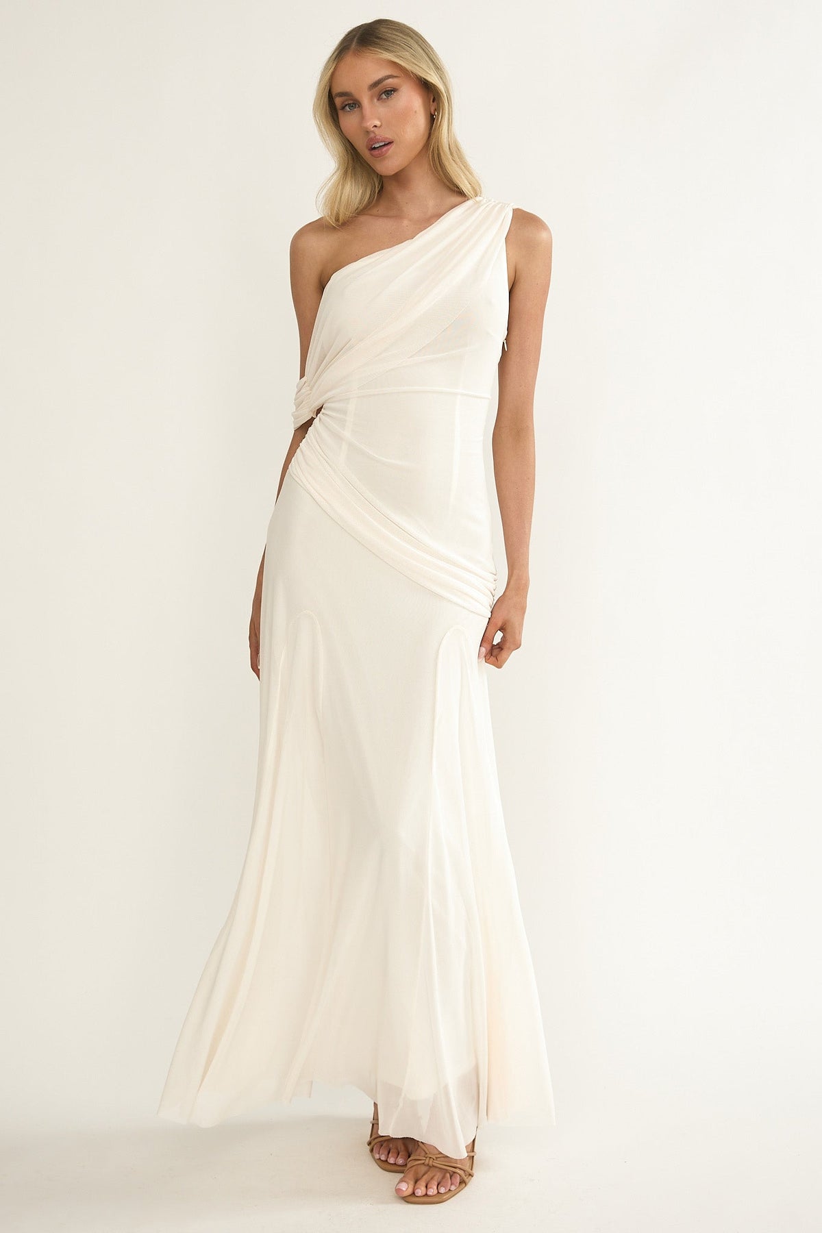 Anaisa Asymmetric Neckline Draped Maxi Dress Oyster