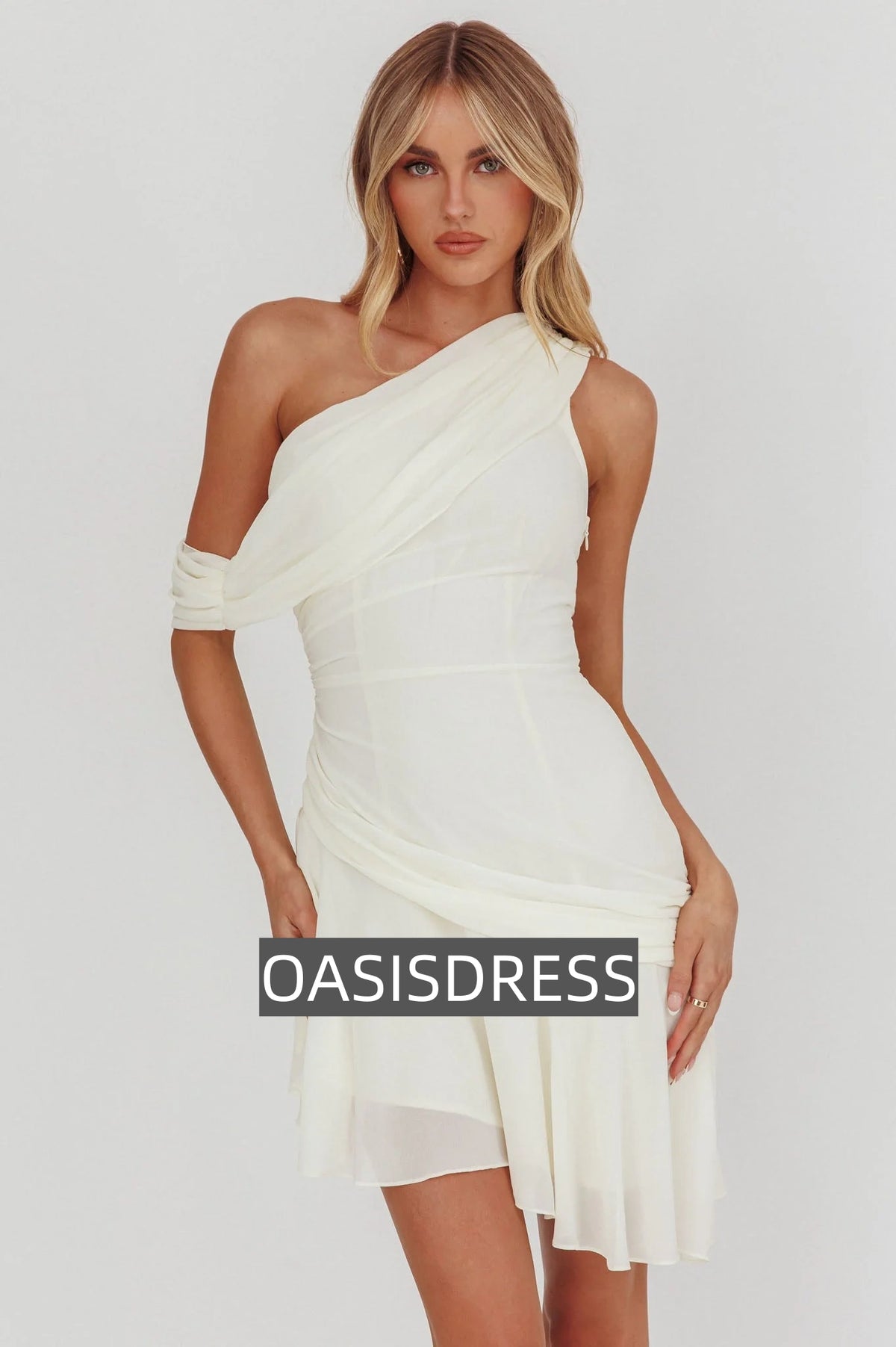 Anaisa One-Shoulder Draped Mini Dress Cream