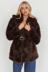 Brisa Belted Lapel Coat Faux Fur Brown