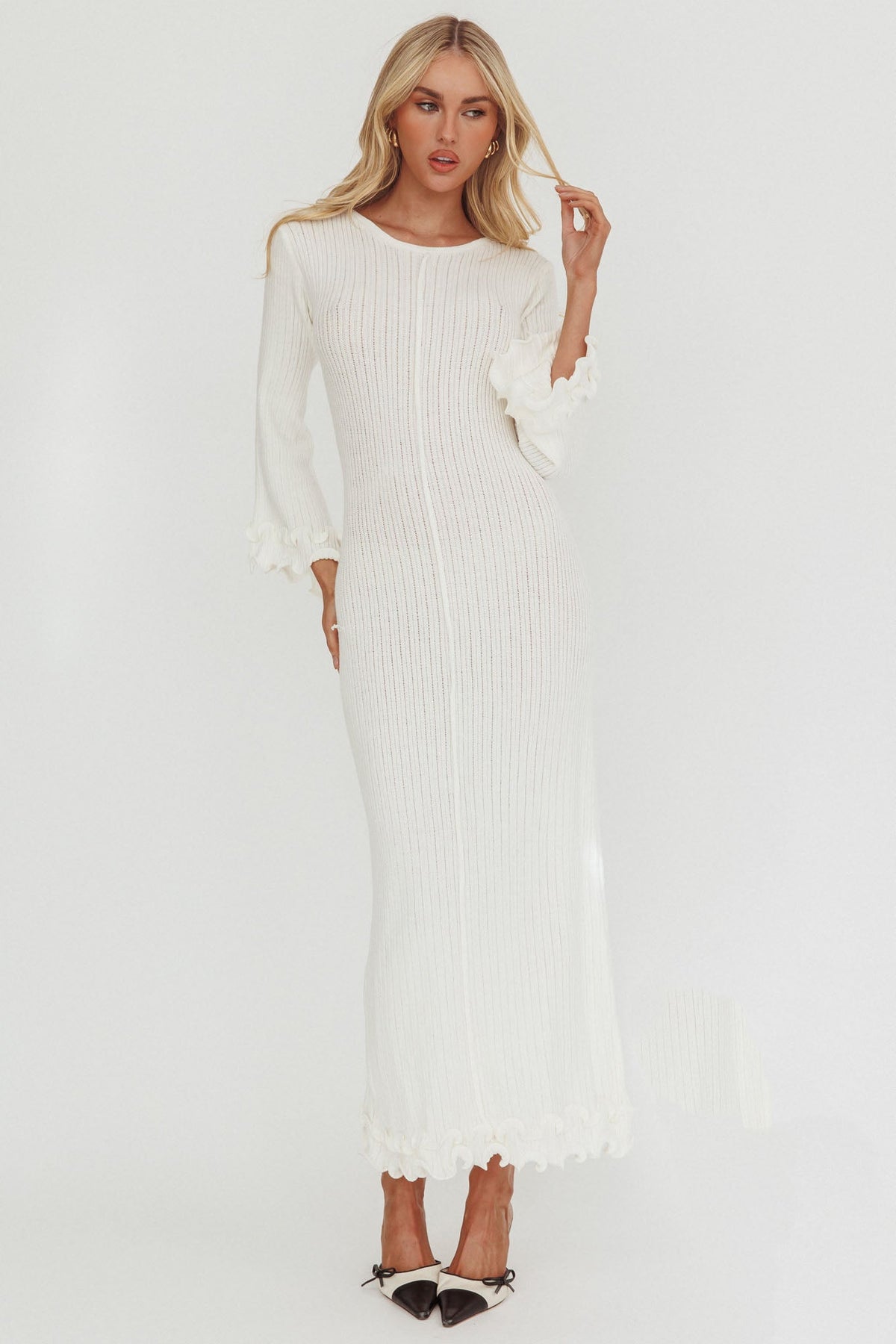 Wrenna Bell Sleeve Knit Maxi Dress White